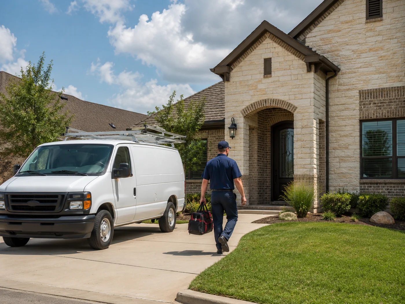 Home-service professional arriving at a residence with an unbranded service van