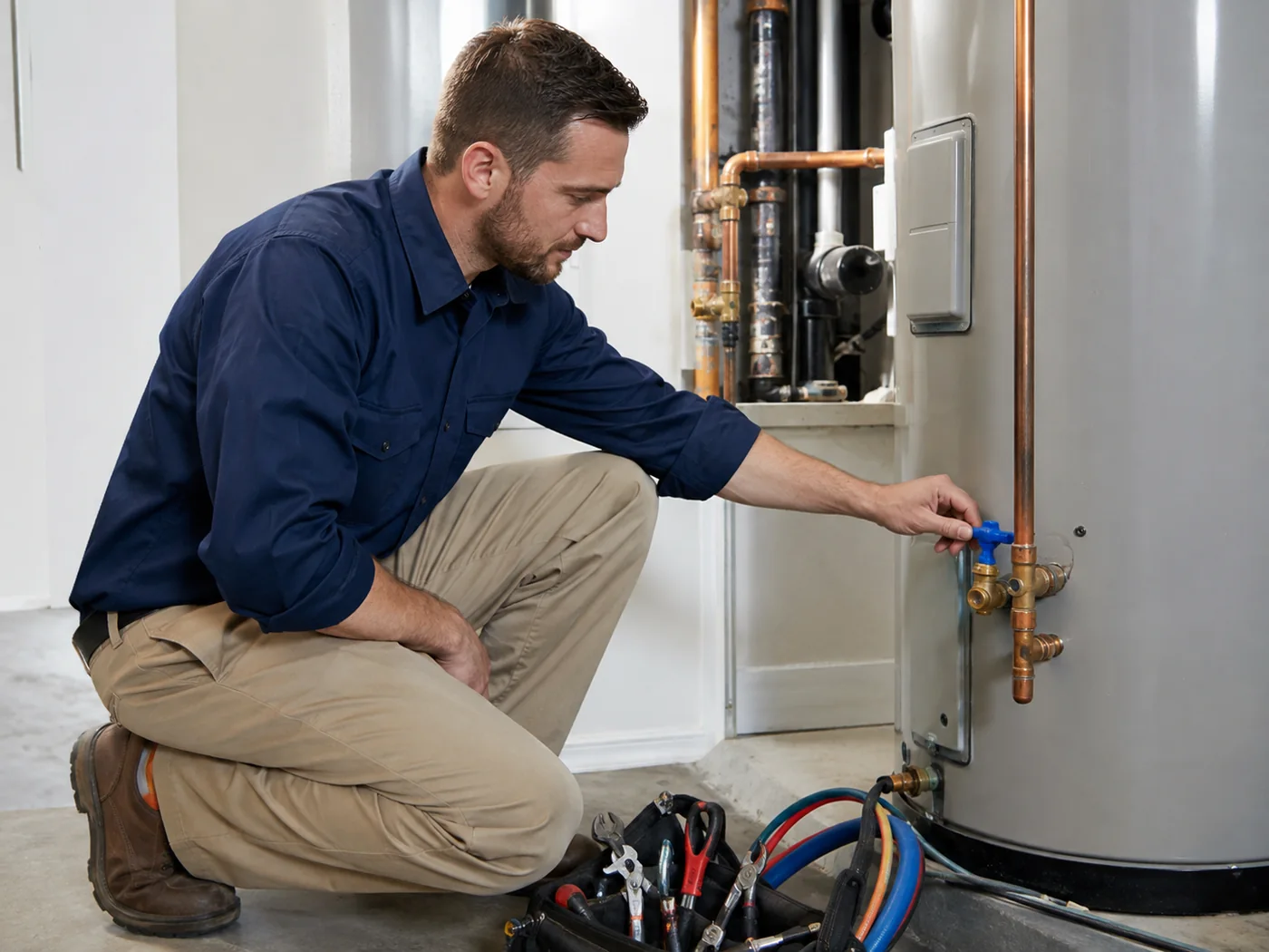 Professional plumber checking residential plumbing equipment